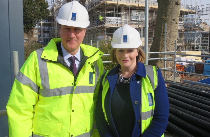 Mary with David Cameron on site